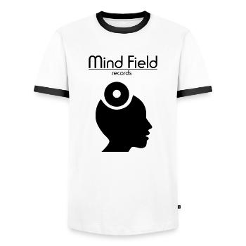 Mind Field Records - Custom Label Logo Design - Männer Kontrast-T-Shirt - Weiß/Schwarz - Vorne - AI Model Female 172 light (172cm) & AI Model Male 178 dark (178cm)