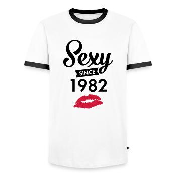 Sexy Since 1982 - Men's Ringer Shirt - white/black - Front - AI Model Female 172 light (172cm) & AI Model Male 178 dark (178cm)
