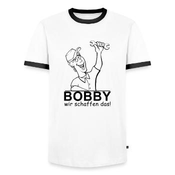 Bobby - wir schaffen das! - Männer Kontrast-T-Shirt - Weiß/Schwarz - Vorne - AI Model Female 172 light (172cm) & AI Model Male 178 dark (178cm)