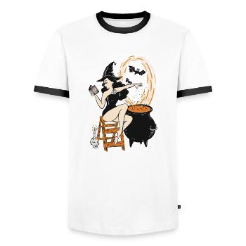 Halloween Witch Pin Up Vintage Retro - Men's Ringer Shirt - white/black - Front - AI Model Female 172 light (172cm) & AI Model Male 178 dark (178cm)