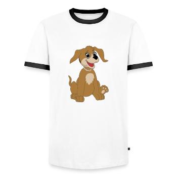 Seated dog - beige - Men's Ringer Shirt - white/black - Front - AI Model Female 172 light (172cm) & AI Model Male 178 dark (178cm)