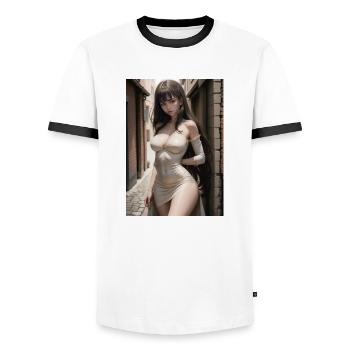 Woman in a alley, town,Generated AI - Männer Kontrast-T-Shirt - Weiß/Schwarz - Vorne - AI Model Female 172 light (172cm) & AI Model Male 178 dark (178cm)