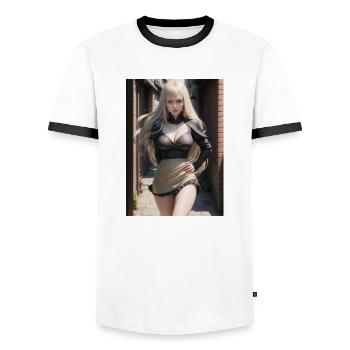 Woman in a alley, town,Generated AI - Men's Ringer Shirt - white/black - Front - AI Model Female 172 light (172cm) & AI Model Male 178 dark (178cm)