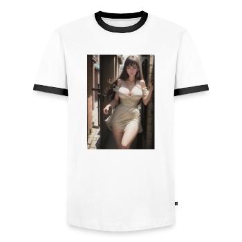 Woman in a alley, town,Generated AI - Men's Ringer Shirt - white/black - Front - AI Model Female 172 light (172cm) & AI Model Male 178 dark (178cm)