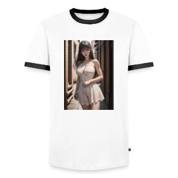 Woman in a alley, town,Generated AI - Männer Kontrast-T-Shirt - Weiß/Schwarz - Vorne - AI Model Female 172 light (172cm) & AI Model Male 178 dark (178cm)