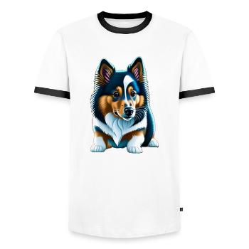 Couché Shetland Sheepdog Corgi Chiot - T-shirt contrasté Homme - blanc/noir - Devant - AI Model Female 172 light (172cm) & AI Model Male 178 dark (178cm)