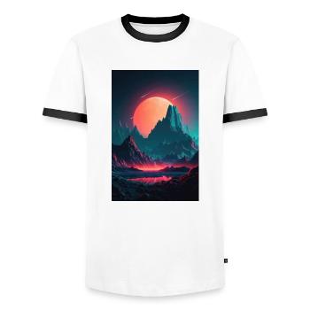 Eine Synthwave Retrowave Sinfonie in den Bergen - Männer Kontrast-T-Shirt - Weiß/Schwarz - Vorne - AI Model Female 172 light (172cm) & AI Model Male 178 dark (178cm)