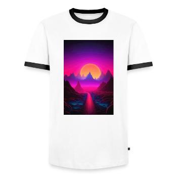 Luminous Peaks: Synthwave Serenity - Männer Kontrast-T-Shirt - Weiß/Schwarz - Vorne - AI Model Female 172 light (172cm) & AI Model Male 178 dark (178cm)