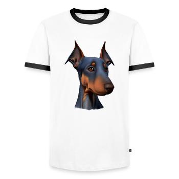 Doberman Doberman chiot Doberman chien dresseur - T-shirt contrasté Homme - blanc/noir - Devant - AI Model Female 172 light (172cm) & AI Model Male 178 dark (178cm)