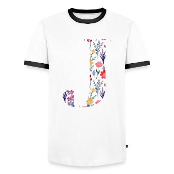 Personalized floral letter j - gift idea - Men's Ringer Shirt - white/black - Front - AI Model Female 172 light (172cm) & AI Model Male 178 dark (178cm)