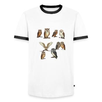 Arten von Eulen Bildungssammlung Niedliche Eule 2025 - Männer Kontrast-T-Shirt - Weiß/Schwarz - Vorne - AI Model Female 172 light (172cm) & AI Model Male 178 dark (178cm)