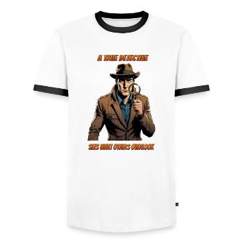 A true detective - Men's Ringer Shirt - white/black - Front - AI Model Female 172 light (172cm) & AI Model Male 178 dark (178cm)