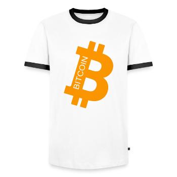bit coin - Men's Ringer Shirt - white/black - Front - AI Model Female 172 light (172cm) & AI Model Male 178 dark (178cm)