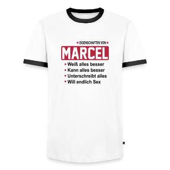 marcel - Männer Kontrast-T-Shirt - Weiß/Schwarz - Vorne - AI Model Female 172 light (172cm) & AI Model Male 178 dark (178cm)