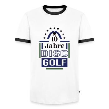 10 Jahre Discgolf Jubiläum Discgolfspieler Jubi - Männer Kontrast-T-Shirt - Weiß/Schwarz - Vorne - AI Model Female 172 light (172cm) & AI Model Male 178 dark (178cm)