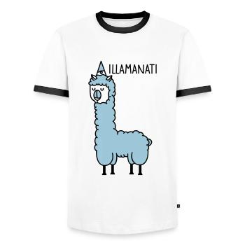 illamanati - Men's Ringer Shirt - white/black - Front - AI Model Female 172 light (172cm) & AI Model Male 178 dark (178cm)