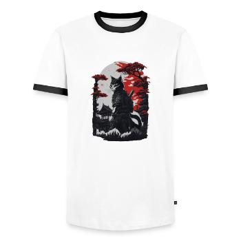 Samurai Cat - Männer Kontrast-T-Shirt - Weiß/Schwarz - Vorne - AI Model Female 172 light (172cm) & AI Model Male 178 dark (178cm)