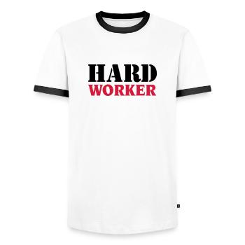 Hard worker - Men's Ringer Shirt - white/black - Front - AI Model Female 172 light (172cm) & AI Model Male 178 dark (178cm)