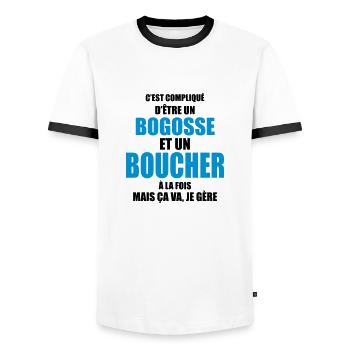 c'est compliqué d'être un bogosse et un boucher - T-shirt contrasté Homme - blanc/noir - Devant - AI Model Female 172 light (172cm) & AI Model Male 178 dark (178cm)