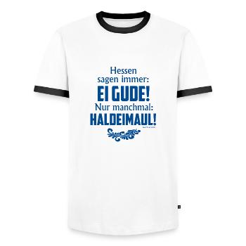 Hessen sagen Ei Gude oder halt dei Maul - Männer Kontrast-T-Shirt - Weiß/Schwarz - Vorne - AI Model Female 172 light (172cm) & AI Model Male 178 dark (178cm)