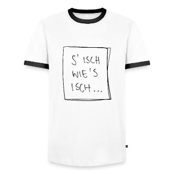 S isch wie s isch –Badisch - Männer Kontrast-T-Shirt - Weiß/Schwarz - Vorne - AI Model Female 172 light (172cm) & AI Model Male 178 dark (178cm)
