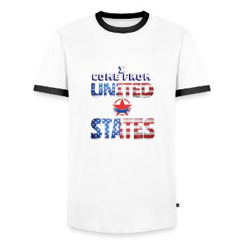 I come from United states - T-shirt contrasté Homme - blanc/noir - Devant - AI Model Female 172 light (172cm) & AI Model Male 178 dark (178cm)