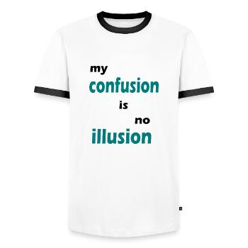 my confusion is no illusion - Männer Kontrast-T-Shirt - Weiß/Schwarz - Vorne - AI Model Female 172 light (172cm) & AI Model Male 178 dark (178cm)