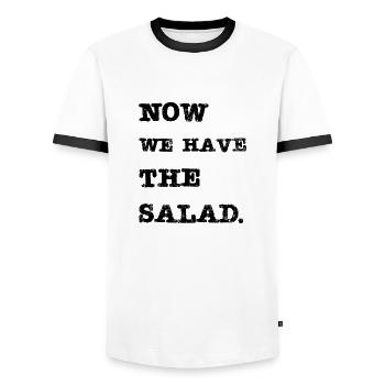 Now we have the salad (Jetzt haben wir den Salat - Männer Kontrast-T-Shirt - Weiß/Schwarz - Vorne - AI Model Female 172 light (172cm) & AI Model Male 178 dark (178cm)