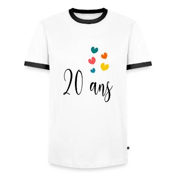 20 ANS. 20e ANNIVERSAIRE. ANNIVERSAIRE 20 ANS. 20 - T-shirt contrasté Homme - blanc/noir - Devant - AI Model Female 172 light (172cm) & AI Model Male 178 dark (178cm)