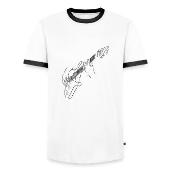 Black silhouette of a guitarist. Electric Guitar - Men's Ringer Shirt - white/black - Front - AI Model Female 172 light (172cm) & AI Model Male 178 dark (178cm)