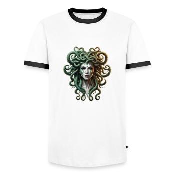 Méduse / Mythologie grecque / Tête de serpent - T-shirt contrasté Homme - blanc/noir - Devant - AI Model Female 172 light (172cm) & AI Model Male 178 dark (178cm)