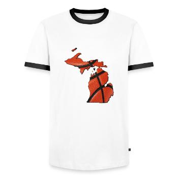 Michigan (United States) | real basketball | Map - Men's Ringer Shirt - white/black - Front - AI Model Female 172 light (172cm) & AI Model Male 178 dark (178cm)