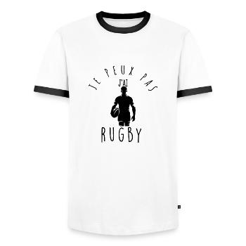 I can't, I have rugby. - Men's Ringer Shirt - white/black - Front - AI Model Female 172 light (172cm) & AI Model Male 178 dark (178cm)