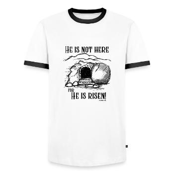 He Is Not Here - Black Text - Men's Ringer Shirt - white/black - Front - AI Model Female 172 light (172cm) & AI Model Male 178 dark (178cm)