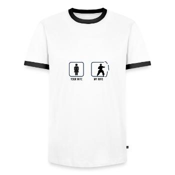 Your Wife My Wife Karate - Men's Ringer Shirt - white/black - Front - AI Model Female 172 light (172cm) & AI Model Male 178 dark (178cm)