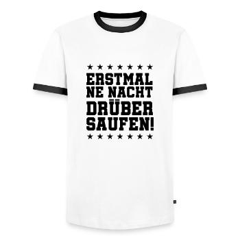 First of all, drink over it for a night! - Men's Ringer Shirt - white/black - Front - AI Model Female 172 light (172cm) & AI Model Male 178 dark (178cm)