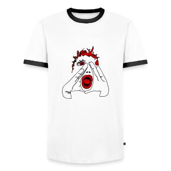 Können Sie mich hören? - Männer Kontrast-T-Shirt - Weiß/Schwarz - Vorne - AI Model Female 172 light (172cm) & AI Model Male 178 dark (178cm)