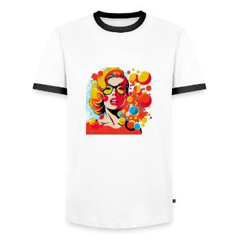 Retro Pop Art Woman with glasses and colorful dots - Men's Ringer Shirt - white/black - Front - AI Model Female 172 light (172cm) & AI Model Male 178 dark (178cm)