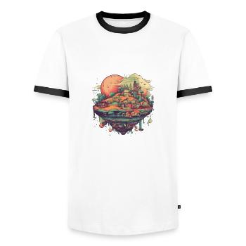 Surrealistic flying village in colorful - Men's Ringer Shirt - white/black - Front - AI Model Female 172 light (172cm) & AI Model Male 178 dark (178cm)