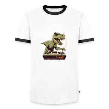 Cool T-Rex DJ avec table de mixage et station de boucle - T-shirt contrasté Homme - blanc/noir - Devant - AI Model Female 172 light (172cm) & AI Model Male 178 dark (178cm)