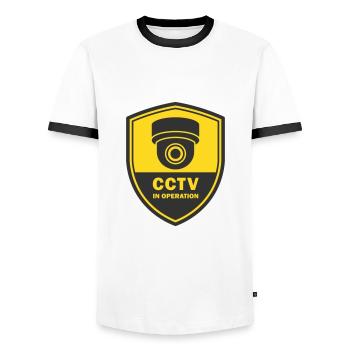 Symbolsymbol für Überwachungskameras in Verwendung. Stationäre Videoüberwachung - Männer Kontrast-T-Shirt - Weiß/Schwarz - Vorne - AI Model Female 172 light (172cm) & AI Model Male 178 dark (178cm)