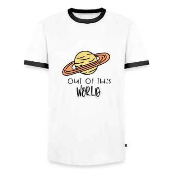 SATURN OUT WORLD AWAY EARTH PLANET PLANETS MOTIF - Men's Ringer Shirt - white/black - Front - AI Model Female 172 light (172cm) & AI Model Male 178 dark (178cm)