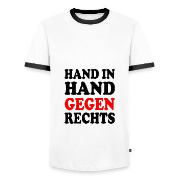 Hand in hand gegen rechts - Männer Kontrast-T-Shirt - Weiß/Schwarz - Vorne - AI Model Female 172 light (172cm) & AI Model Male 178 dark (178cm)
