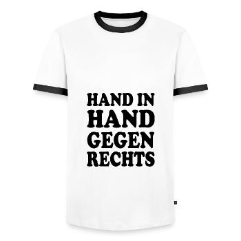 Hand in hand gegen rechts - Männer Kontrast-T-Shirt - Weiß/Schwarz - Vorne - AI Model Female 172 light (172cm) & AI Model Male 178 dark (178cm)