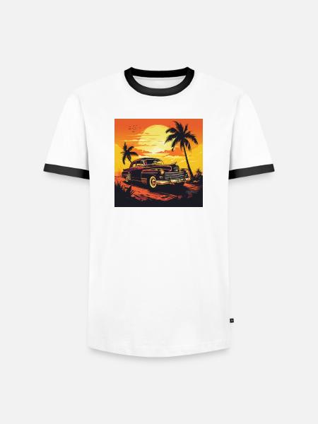 Sonnenuntergang Retroauto am Palmenstrand - Männer Kontrast-T-Shirt - Weiß/Schwarz