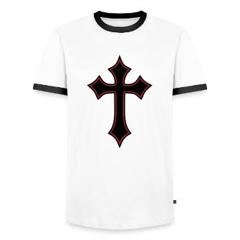 Gothic Cross__V004 - Men's Ringer Shirt - white/black - Front - AI Model Female 172 light (172cm) & AI Model Male 178 dark (178cm)