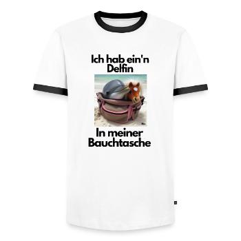 Malle Deflin Bauchtasche 3 - Männer Kontrast-T-Shirt - Weiß/Schwarz - Vorne - AI Model Female 172 light (172cm) & AI Model Male 178 dark (178cm)