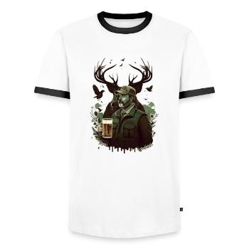 Hunter in the wilderness drinks a beer - Men's Ringer Shirt - white/black - Front - AI Model Female 172 light (172cm) & AI Model Male 178 dark (178cm)