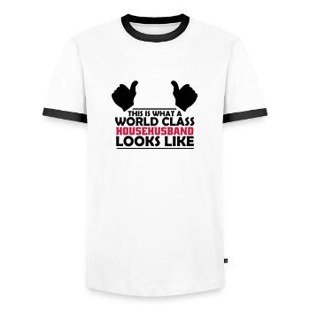 world class househusband - Men's Ringer Shirt - white/black - Front - AI Model Female 172 light (172cm) & AI Model Male 178 dark (178cm)