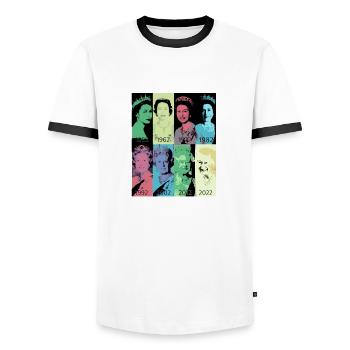 Queen II - Elizabeth England - Queen of England, - Männer Kontrast-T-Shirt - Weiß/Schwarz - Vorne - AI Model Female 172 light (172cm) & AI Model Male 178 dark (178cm)